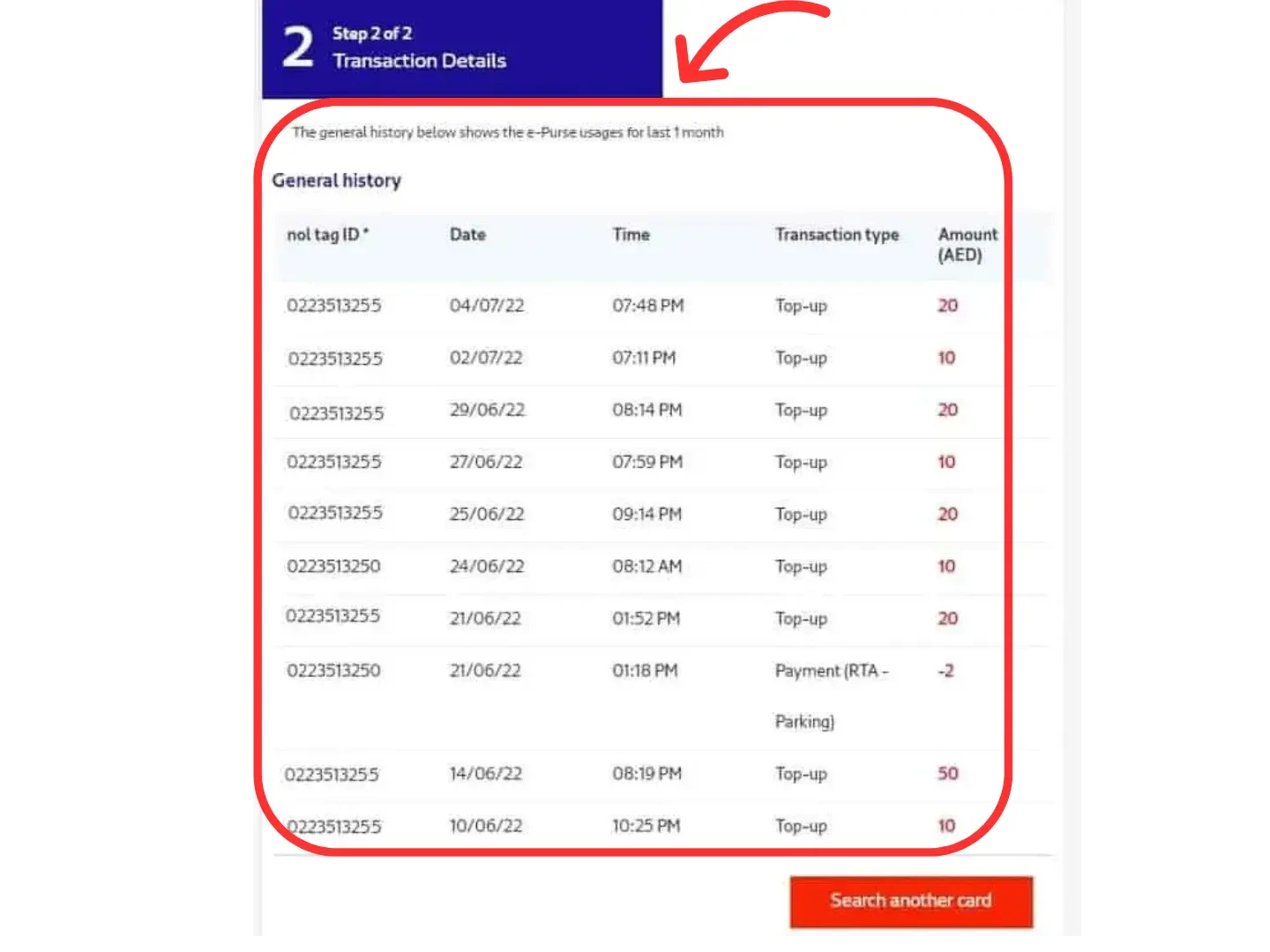 Nol card transaction details
