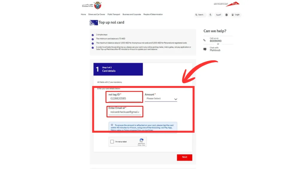 recharge nol card by putting nol tag id and Email.